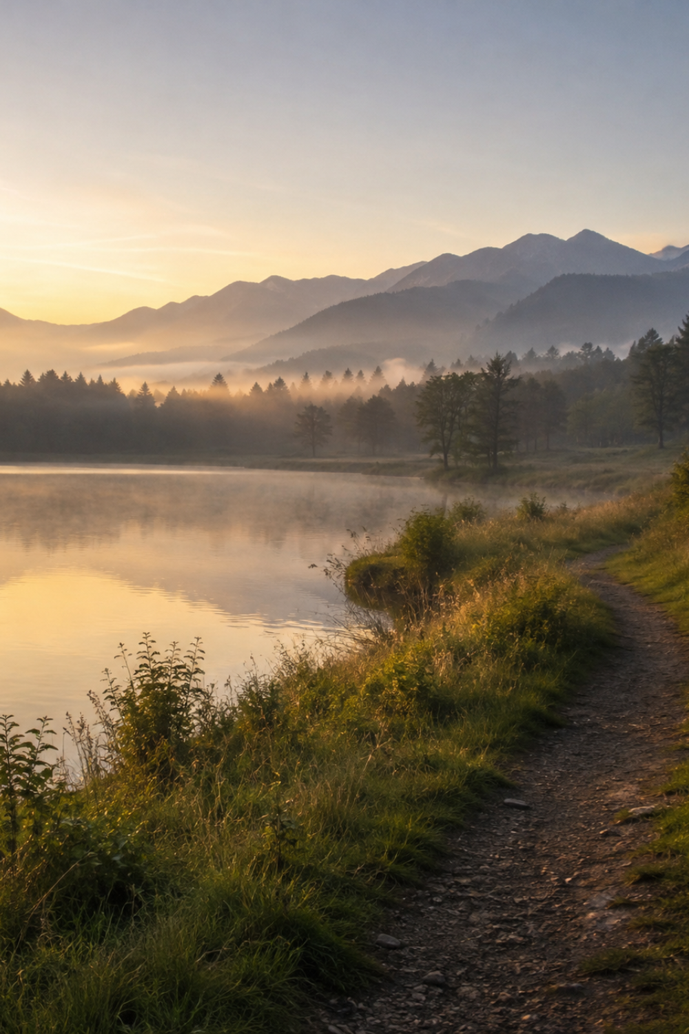 Narrow path by still waters with grass around and in the distance trees and a mountain range.