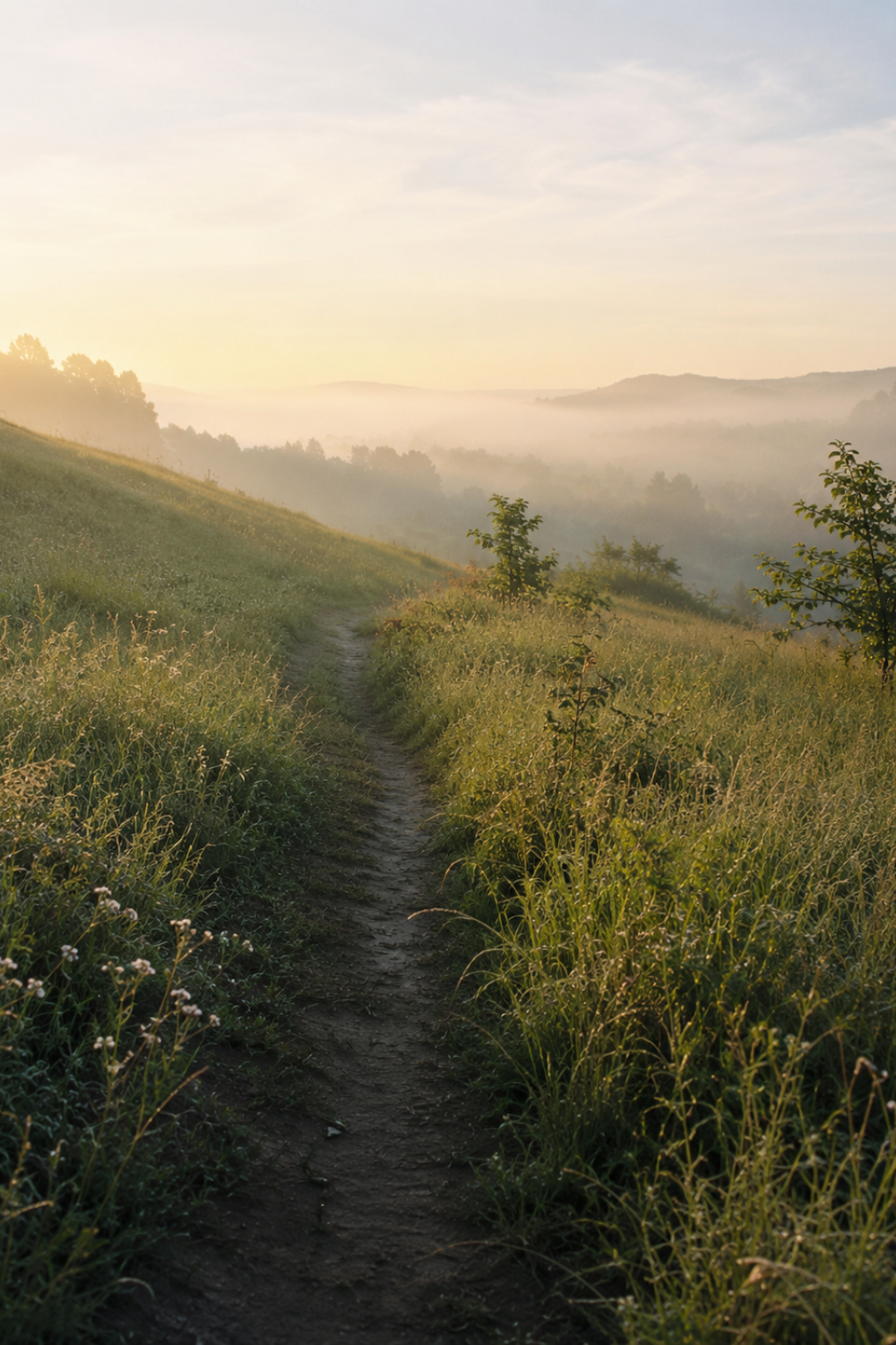 a narrow path way with grass, flowers, and trees in the distance with mountains.