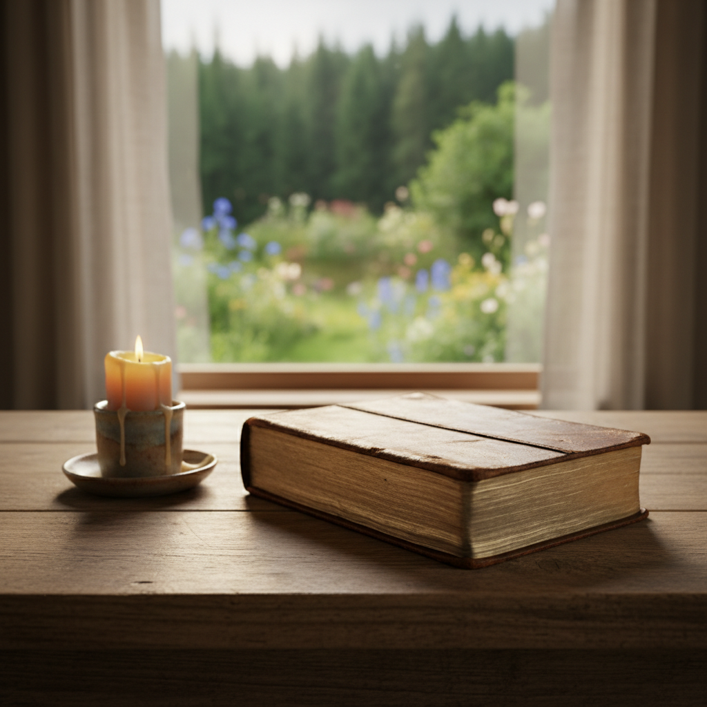 A well-worn leather Bible, its pages softly curled and edged with gold, lies open on a simple wooden farmhouse table beside a small beeswax candle in a ceramic holder. Outside a nearby window, the faint blur of a lush cottage garden and distant forest hints at quiet seclusion. Early morning light filters through thin linen curtains, creating gentle highlights on the text and a warm pool of illumination around the candle. Photographic realism, eye-level composition with shallow depth of field focuses on the open page, evoking a mood of unhurried, contemplative devotion in a rustic yet sophisticated setting.