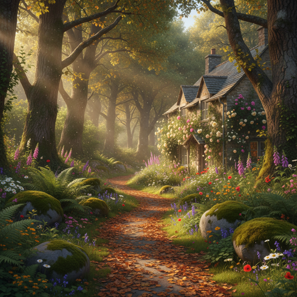 A narrow woodland path, carpeted with amber leaves and edged by ferns and moss-covered stones, winds slowly toward a small stone cottage half-hidden among tall, ancient trees. The cottage garden overflows with wildflowers and climbing roses, suggesting a life lived simply and faithfully. Late afternoon golden hour light streams through the forest canopy, casting long, gentle shadows and illuminating drifting particles in the air. Photographic realism, slightly elevated angle with the path leading into the frame, creates a sense of depth and invitation. The atmosphere is serene and reflective, embodying the unhurried Christian life without any people present.